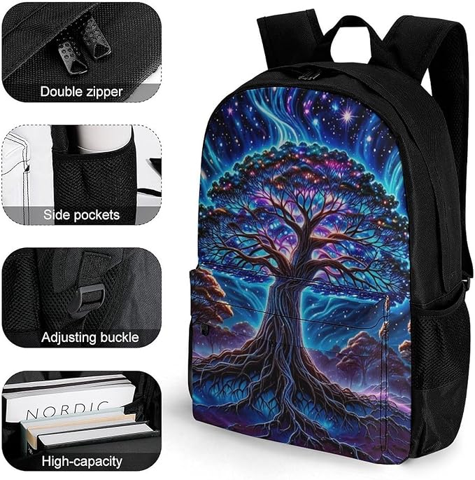 Supdreamc Rucksack Anti-Theft Multipurpose Large Capacity Carry On Bag, Magical Universe Tree Of Life Art Travel Hiking Bag Day Pack With Side Pockets