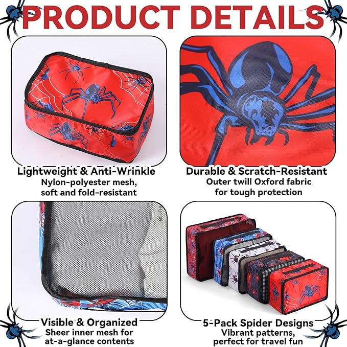 5 Pcs Spider Packing Cubes Set for Travel Spider Travel Bags Accessories Luggage Organizer for Adults Trips Holidays Hiking Camping Cruise