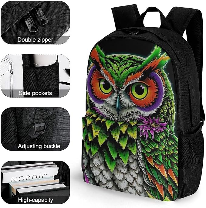 Supdreamc Women Men Polyester Owl Green Weedleaf Art Casual Daypack Large Capacity Bookbag With Side Pockets for Sports Picnic Walking Cycling