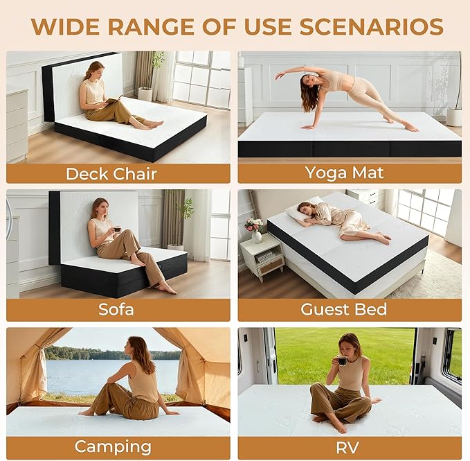 6 Inch Trifold Mattress, Queen Size Foldable Memory Foam Mattress with Viscose Derived from Bamboo Washable Cover, Folding Mattress Topper Floor Bed for Camping, Guest, RV, Ventilated