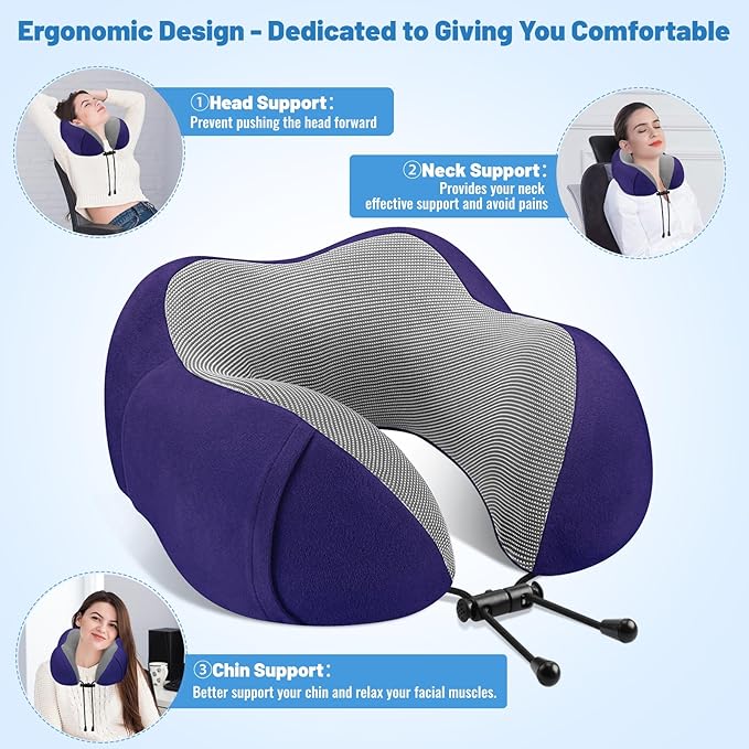 CloudBliss Travel Pillow Premium Memory Foam, Comfortable & Supportive Neck Pillow, Sleeping Neck Pillows for Travel, Airplane Pillow for Sleeping Airplane, Car, Office and Home（Navy）