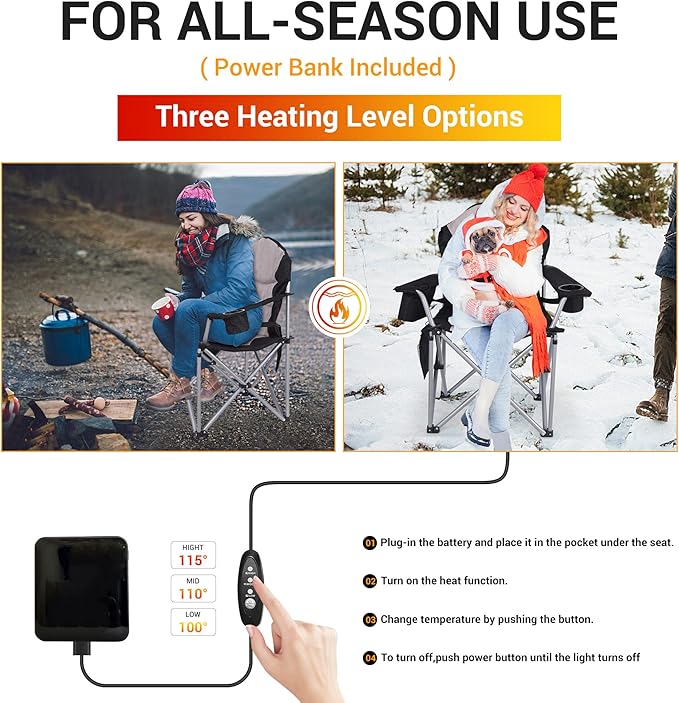 Camping Chair, Folding Chair, Outdoor Heated Chairs, Heated Camping Chairs, Adjustable Chair Back with 12V 10000mAh Battery, Carry Bag, Cooler Bag, Cup Holder and Zippered Holder (Set of 1)