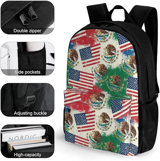 Adults Lightweight Mexico Mexican Usa America Flag Rucksacks Large Capacity Bookbag With Adjustable Shoulder Straps for Trekking Outdoors Bicycle