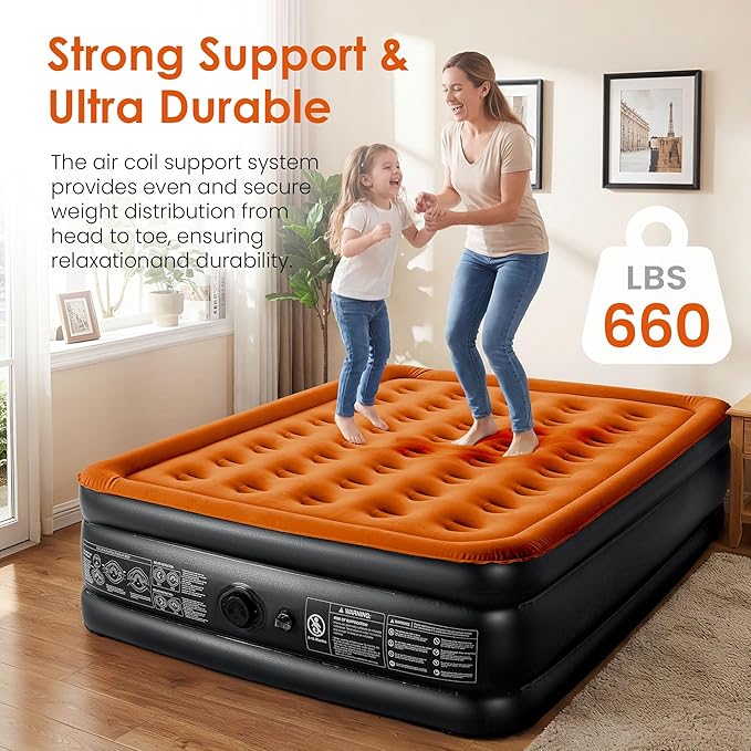 Camping Air Mattress Queen with Built in Pump 18" Thickness 660lbs Heavy Duty Comfortable Blow up Air Mattress with Carry Bag Inflatable Foldable Flocked Top Air Bed for Travel, Home (Black & Orange)