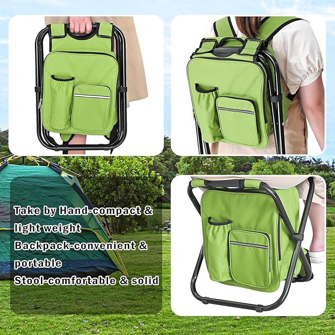 Kikerike Backpack Stool Cooler Chair Heavy Duty 300 LBS Max Load Portable Lightweight Stool Backpack Folding Fishing Cooler Seat for Camping Hunting Fishing - Grass Green