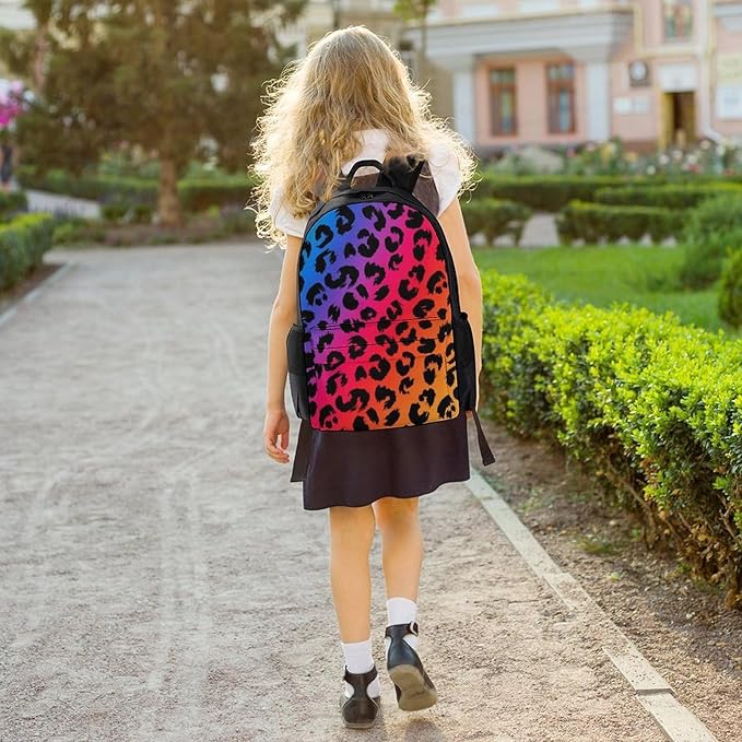 Polyester Daypack Backpack for Climbing Outdoors Running, Big Capacity Multipurpose Anti-Theft Bookbag, Colorful Rainbow Cheetah Leopard Print Travel Hiking Camping Rucksack