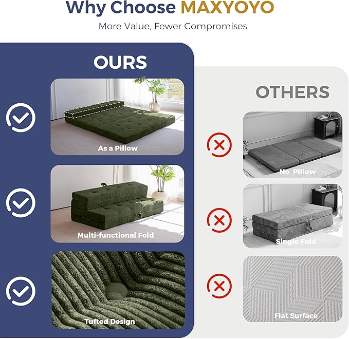 MAXYOYO Folding Mattress, 4 Inch Tufted Foldable Mattress Full Foam Bed, Tri-Fold Floor Couch with Handles Guest Bed Topper Portable Camping Mat with Corded Fabric, Twin Size, Dark Green