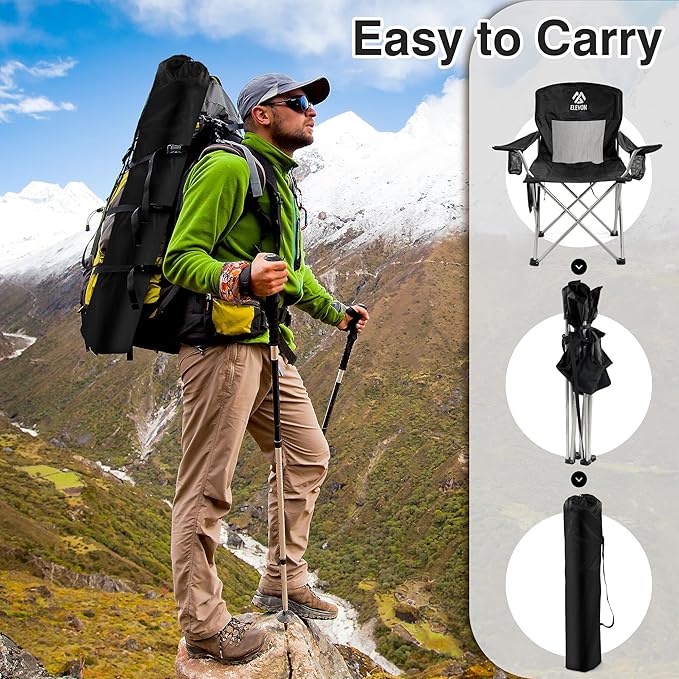 Elevon Camping Chair, Portable Folding Outdoor Chair with Arms, Cup Holder and Carry Bag