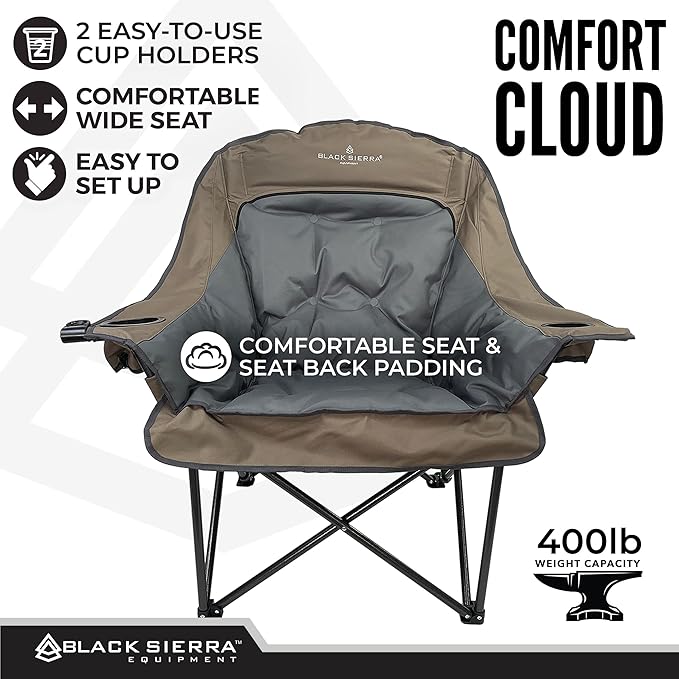 Black Sierra Oversized Camping Chair for Adults, Heavy Duty Outdoor Seat with Plush Padding, Supports 400lbs, Cup Holder & Carry Bag, Comfortable Folding Chair for Tailgating, Patio, & Sideline Events