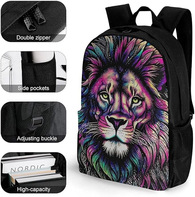 Supdreamc Rucksacks Lightweight Multipurpose Anti-Theft Colorful Lion Galaxy Art Shoulder Bag Big Capacity Traveling Camping Backpack With Side Pockets