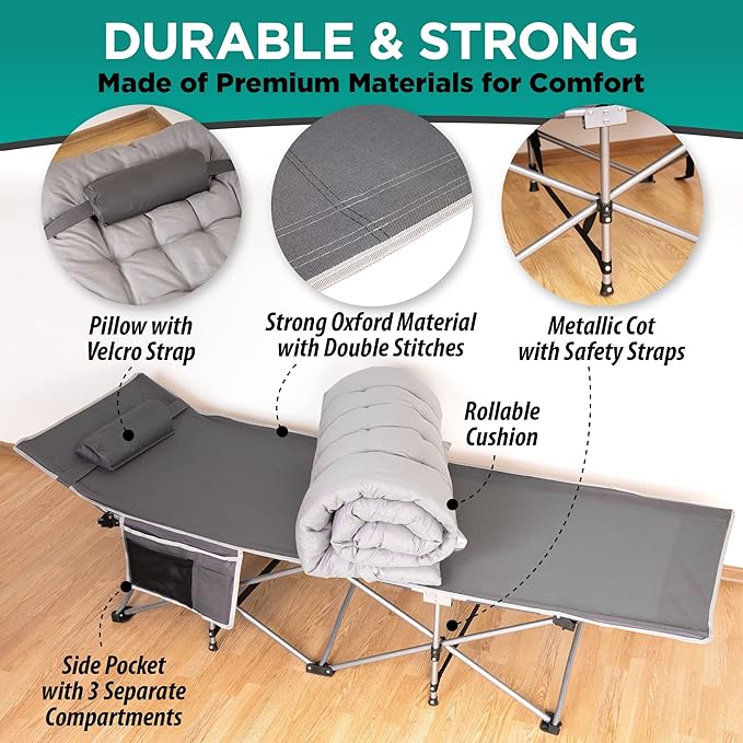ZONETECH Folding Outdoor Camping Travel Cot and Pad - Premium Quality Lightweight Portable Heavy Duty Adult & Kids w/Large Pocket and Cushion (Gray 2-Pack)