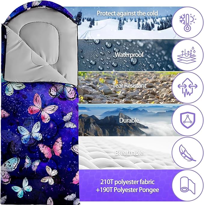Sleeping Bags for Adults Youth Kids,3D Printing Camping Sleeping Bag for Girls Boys Lightweight Waterproof Cold/Warm Weather Sleeping Bag for 3 Seasons
