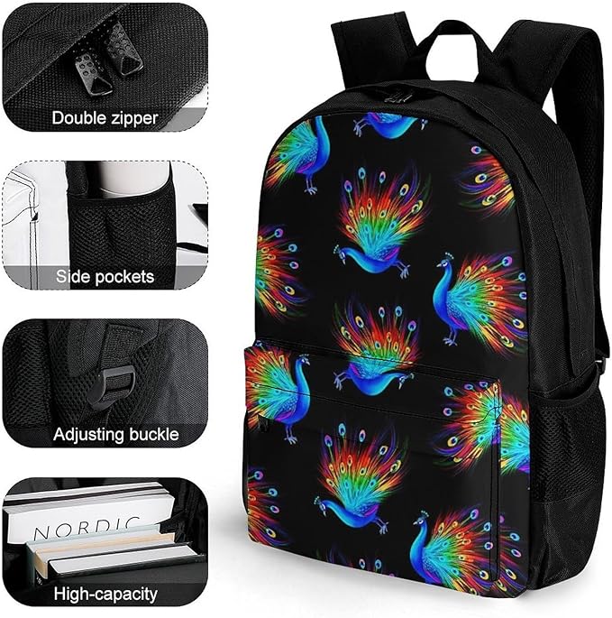 Men Women Polyester Rainbow Peacock Art Black Daypack Backpack Large Capacity Carry On Bag With Smooth Zippers for Hiking Picnic Walking Cycling