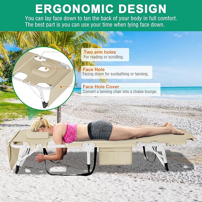 LILYPELLE Heavy Duty Tanning Chair with Face & Arm Holes, Folding Outdoor Lounge Chair for Beach, Poolside, Patio, Sunbathing, Lawn, Camping