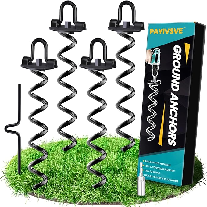 Ground Anchors Heavy Duty Spiral Screw in Trampoline Stakes, Swing Set Anchors Earth Anchor for Trampoline, Tents, Canopies, Swing Sets, Dog tie Out(4 Pack)
