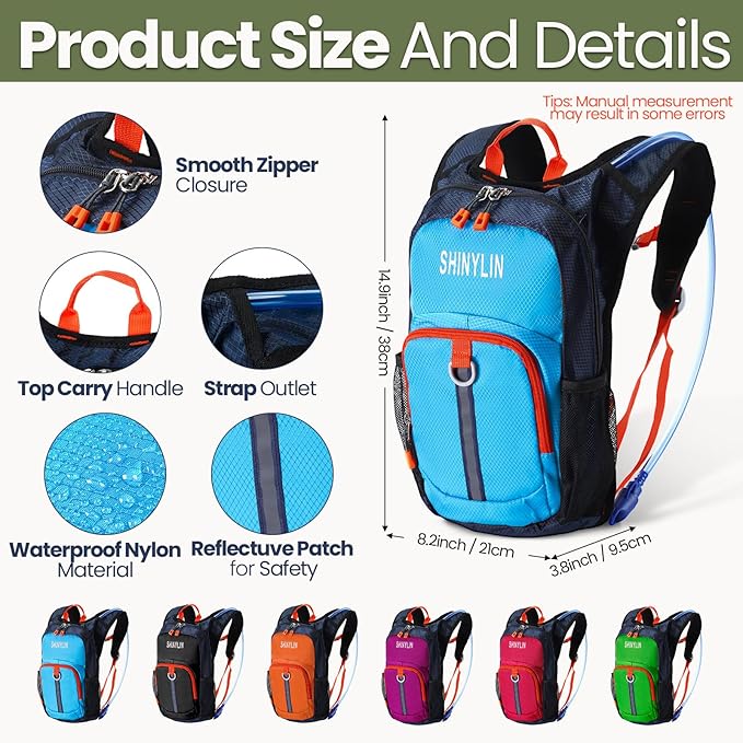 6 Pcs Kids Hydration Backpack with 1.5L Water Bladder Multicolor Kids' Hiking Backpack Hydration Pack Water Rucksack for Boys Girls Cycling Climbing Running