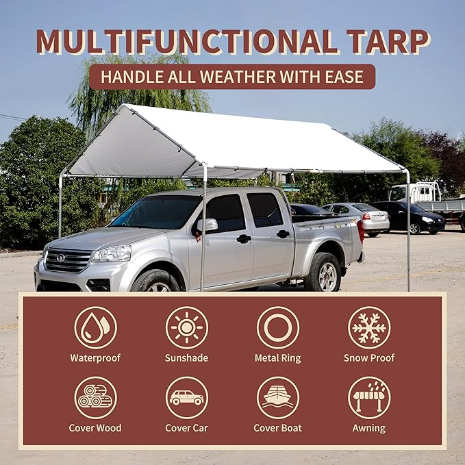 TARPAL 10'x12' White Tarp Waterproof 7.5 mil Medium Duty All Purpose Poly Tarps Cover Waterproof,Snow Proof UV Protection,Rip and Tear Proof,Poly Tarpaulin