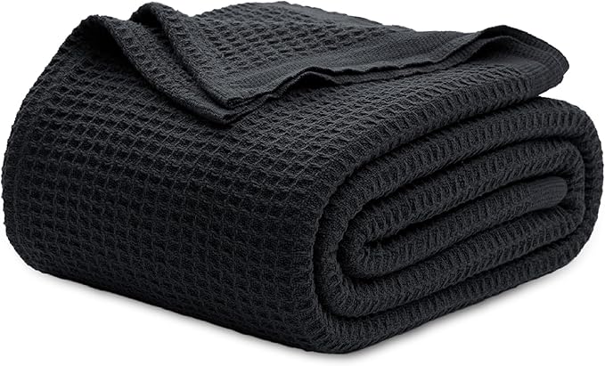 Bedsure Gentlesoft 100% Cotton Blanket King Size for Bed - Breathable and Soft, Waffle Weave Blanket for Summer, Thick Cozy Fall Blankets for Women Gift, Black, 104x90 inches