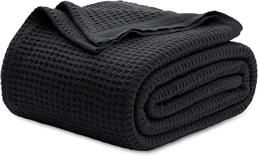 Bedsure Gentlesoft 100% Cotton Blanket King Size for Bed - Breathable and Soft, Waffle Weave Blanket for Summer, Thick Cozy Fall Blankets for Women Gift, Black, 104x90 inches