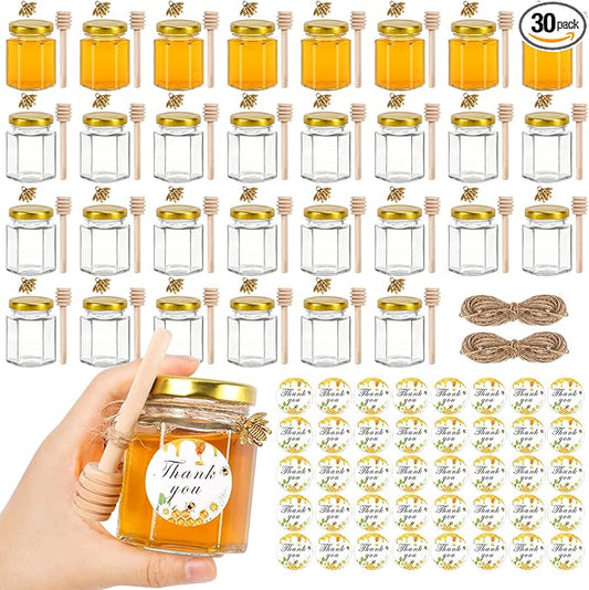 AuroTrends 3oz Mini Honey Jars with Dipper 30Pack, Empty Glass Jars for Baby Shower Favors/Wedding Favors for Guests- Mini Jar with Wooden Dippers