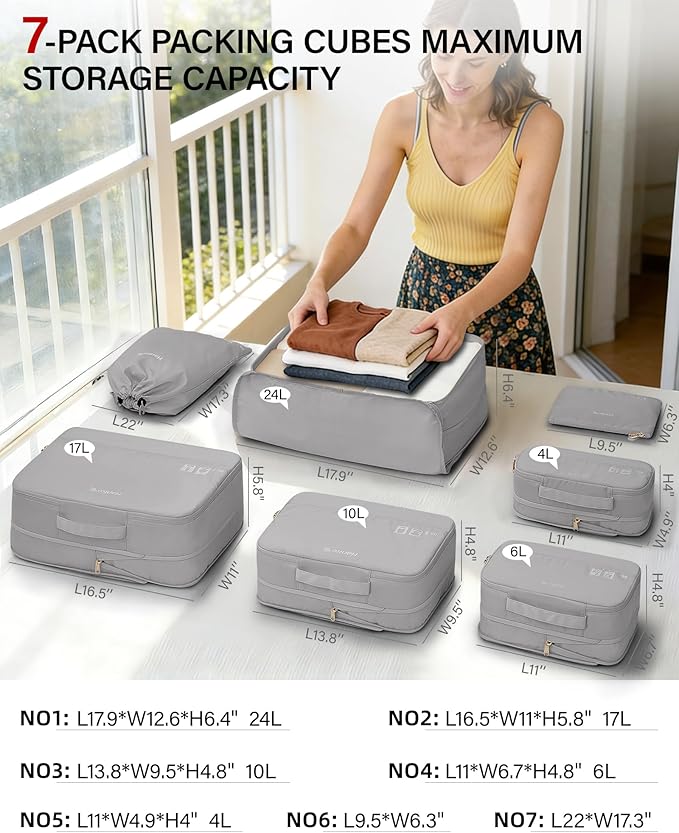 Hanke 7 Piece Expandable Compression Packing Cubes, Premium Travel Packing Organizers for Suitcases/Carry On, Luggage Organizer Bags with Breathable Mesh & Label,Light Grey
