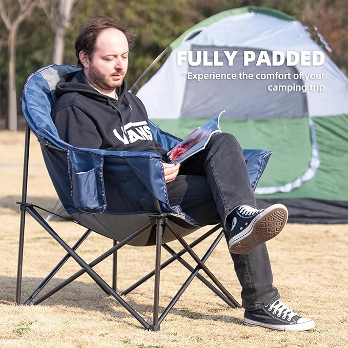 Oversized Camping Chair with Cup Holder & Carry Bag - 500lbs Heavy Duty Moon Saucer Chair for Outdoor, Lawn, Sports, Patio - Padded Folding Sofa Chair, Light Blue & Gray