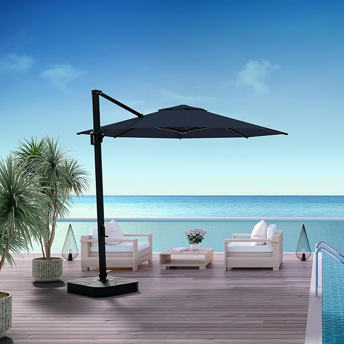 Midtown Umbrellas 10 Ft Outdoor Cantilever Patio Umbrella w/Sunbrella Canvas Navy Fabric - 360° Rotate Offset Patio Umbrella, Deck Patio Umbrella, Backyard Umbrella & Garden Umbrella - Black Frame