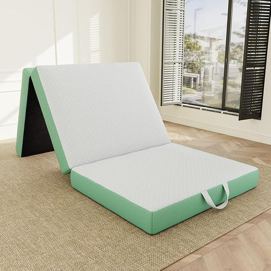Memory Foam Trifold Mattress, Single Portable Floor Bed 4 Inch, Foldable Mat with Washable Cover, Handle & Non-Slip Bottom, for RV, Travel, Camping, Yoga, 75"x25"x4", White Green
