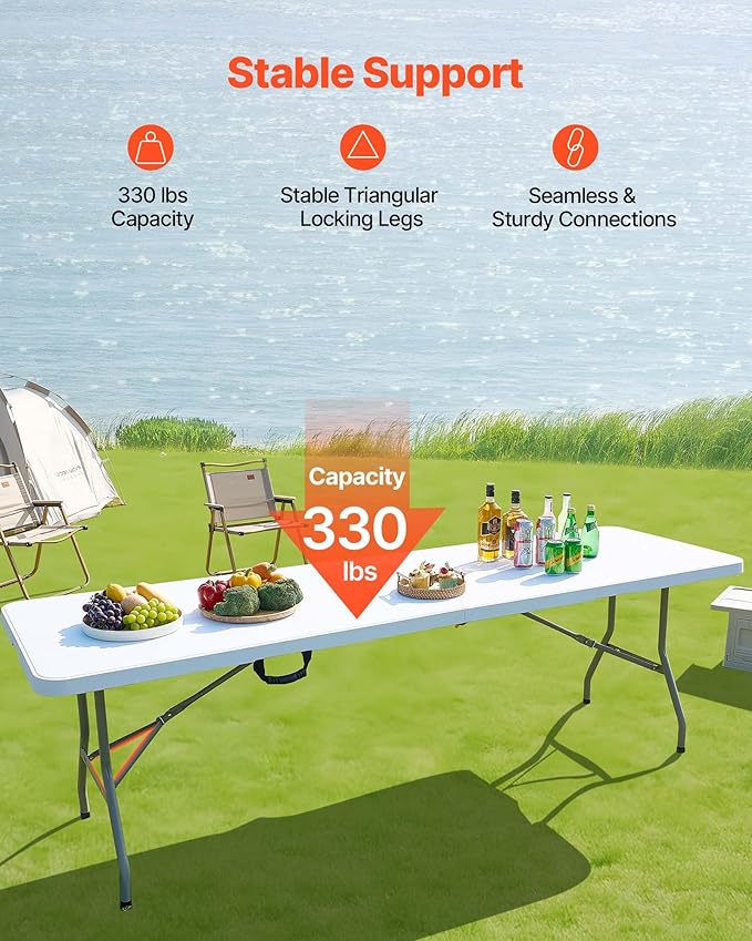VEVOR Folding Table, 8 Ft Heavy Duty Portable Fold-in-Half Utility Table, Indoor Outdoor Plastic Rectangle Table with Built in Handle, for Party, Dining, Wedding, Events, Picnic, Camping, White