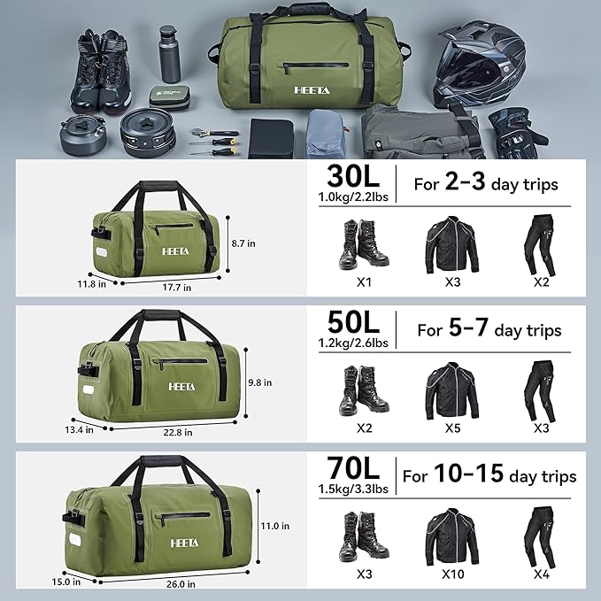 HEETA Waterproof Motorcycle Dry Bag, Waterproof Duffel Luggage Travel Bags with Zippered Closure & Pocket, Shoulder Straps, Large Space for Motorcycling Camping Commuting Boating (Green, 70L)