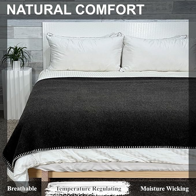 EKTOS 100% Virgin Wool Blanket, 90" x 108", Warm, Thick Fabric, XL, Winter Essentials (Charcoal, King Size)