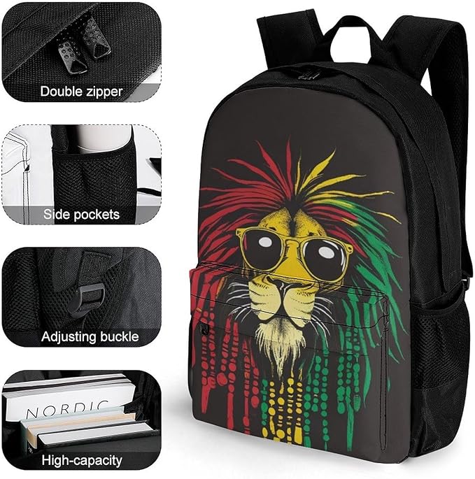Polyester Daypack Backpack for Trekking Picnic Walking Cycling, Large Capacity Anti-Theft Multipurpose Shoulder Bag, Rasta Lion Sunglasses Casual Daypack
