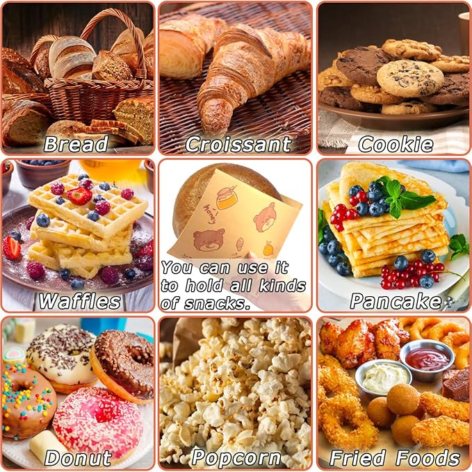 Soft Pretzel Bags 7"x7" Double Open Sandwich Bags 100Pcs, Grease-proof Parchment Paper Bags, Cute Bear Style Sandwich Wrappers for Cookie Snack Deli Bakery Family Daily Wrap