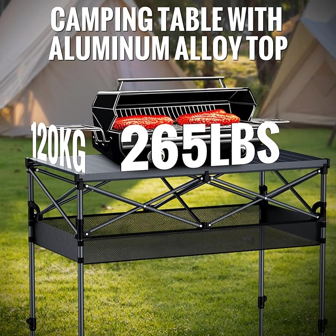 GARLLEN Folding Table for Camping, 2 Adjustable Height Portable Roll-up Picnic Table with Storage Net, Lightweight Aluminum Outdoor Table with Carrying Bag for Camping, BBQ, Beach, 39"L x 20"W