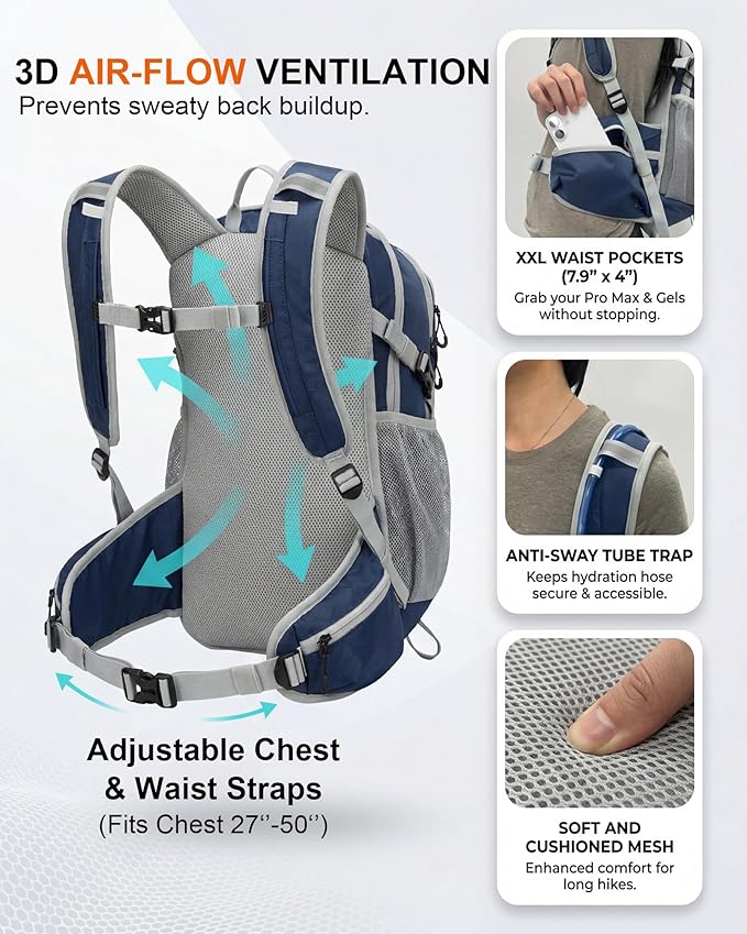 Hydration Backpack with 2L Bladder – Thermal Insulated Water Pack for Hiking, Skiing, Running – Lightweight Daypack for Men & Women, Soft-Lined Sunglasses Pocket & Large Waist Pockets