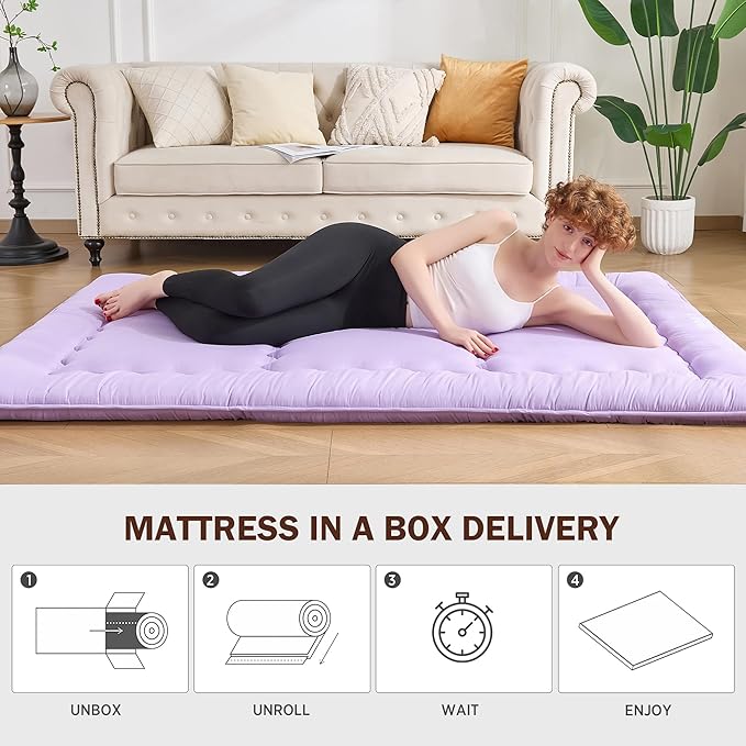 Japanese Floor Futon Mattress 25D Twin Size 39"x 80", 4" Thicken Foldable & Breathable Tatami Mat Roll Up Sleeping Pad for Guest Room, Kids Space & Dorm, Light Purple