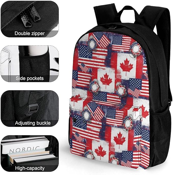 Polyester Daypack for Hiking Work Running, Big Capacity Anti-Theft Multipurpose Shoulder Bag, Canadian And American Grunge Flag Travel and Sport Backpack Rucksack