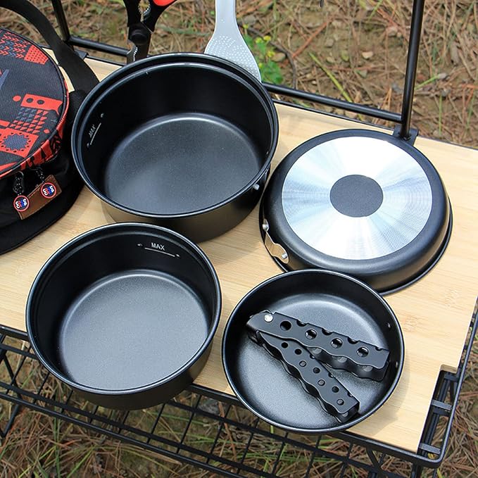 Camping Cooking Pot Pan Set, Prevent Stick Portable Aluminum Alloy Stackable Open Fire Outdoor Cookware Even Heat Conduction with Tote Bag for Hiking