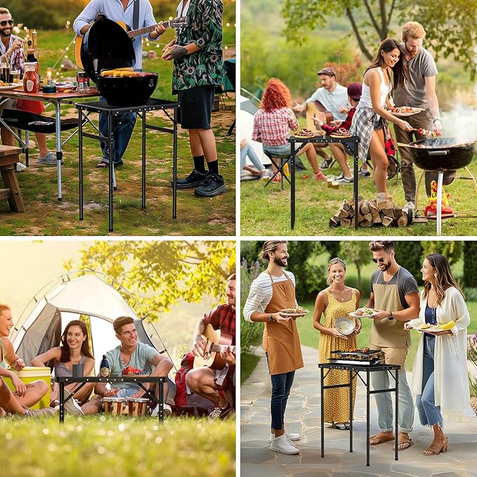 Folding Grill Table with Mesh Desktop Lightweight & Portable Camping Table Outdoor Grill Tables Aluminum Alloy Foldable Grill Table 3 Height Adjustable for Camping Picnic Cooking BBQ