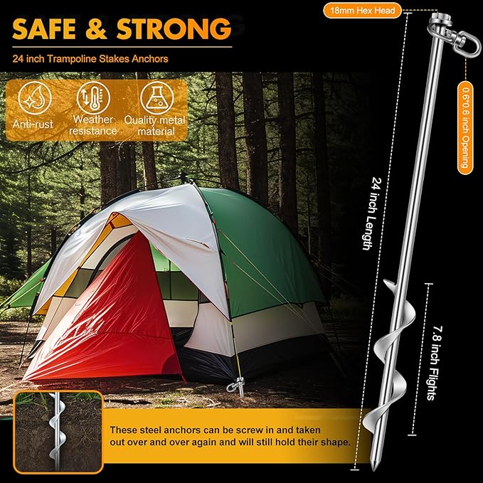 Hiboom Ground Anchor Screw Heavy Duty Earth Anchors Tent Stakes for High Wind with T Handle Hex Wrench Trampoline Hook Ground Stakes for Camping Canopies Car Ports Sheds