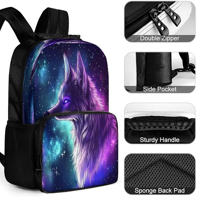 Rucksack Polyester Anti-Theft Multipurpose Purple Universe Space Galaxy Magic Wolf Art Carry On Bag Large Capacity Travel and Sport Backpack Rucksack With Smooth Zippers
