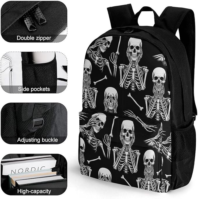 Casual Daypack Multipurpose Anti-Theft Large Capacity Carry On Bag, Skull Skeleton Black And White Casual Daypack Climbing Shoulder Bag With Padded Straps