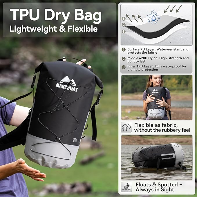 MARCHWAY Floating Roll Top Dry Bag, Flexible Lightweight TPU Waterproof Backpack 20L/30L/40L with Padded Straps for Boating, Kayaking, Swimming, Hiking, Beach (Black, 20L)