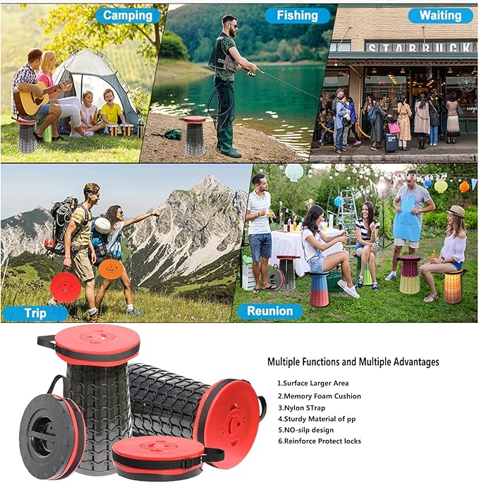 Upgraded 19.7"Portable Collapsible Folding Stool with Cushion Retractable Telescoping Foldable Stool for Adults Heavy Duty Camping Sturdy with Max Load Capacity 1000lbs for Outdoor Fishing Hiking BBQ
