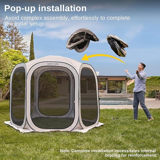 East Oak Screen House Tent Pop-Up, Portable Screen Room Canopy Instant Pop Up Screen Tent 12 x 12 FT with Carry Bag for Patio, Backyard, Deck & Outdoor Activities, Beige