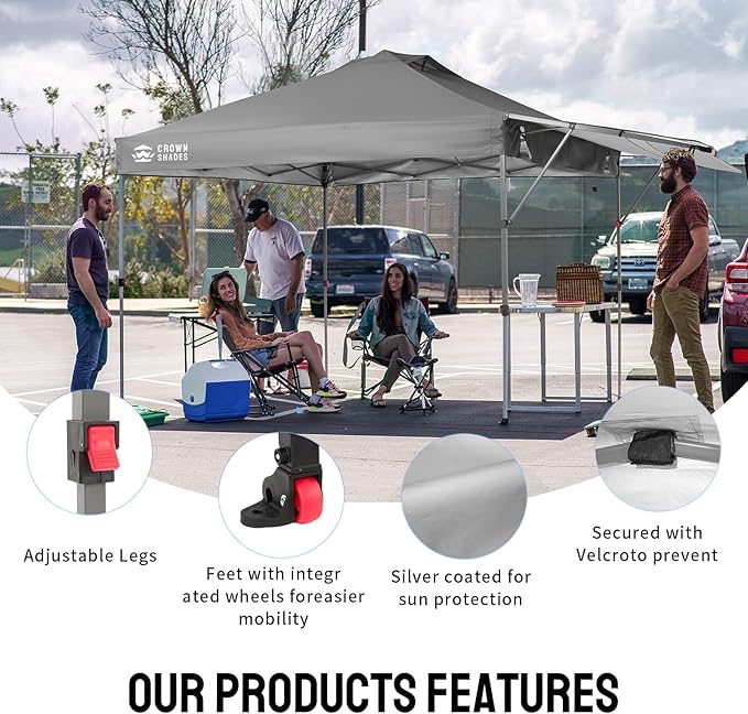CROWN SHADES 10x10 Pop up Canopy Tent, Instant Commercial Canopy with Extend Awning, Patended Centerlock, 150D Silver Coated Fabric, 4 Ropes, 8 Stakes, 4 Weight Bags, STO 'N Go Bag, Grey