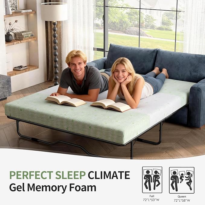 4 Inch Gel Memory Foam Sofa Mattress Full Size, Mattress Replacement for Sleeper Sofa, Couch Bed, Guest Rooms, RVs & Boats, White