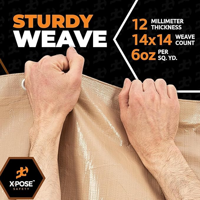 Heavy Duty Tan Poly Tarp 7' X 10' (2-Pack) - Multipurpose Protective Cover - Durable, Waterproof, Weather Proof, Rip and Tear Resistant - Extra Thick 12 Mil Polyethylene - by Xpose Safety