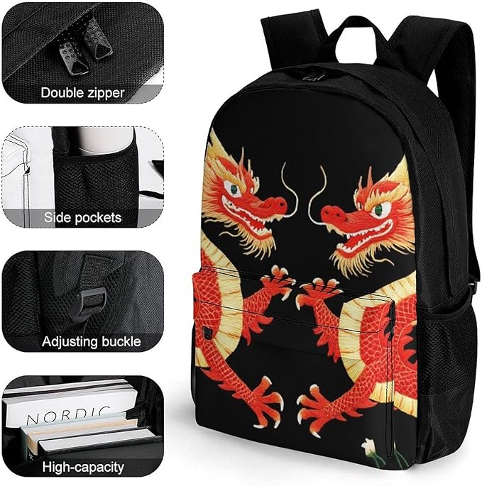 Men Women Polyester Floral Chinese Japanese Dragon Flower Backpack Large Capacity Bookbag With Smooth Zippers for Climbing Picnic Bicycle