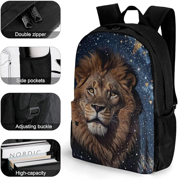 Men Women Lightweight Outer Space King Lion Backpack Large Capacity Bookbag With Smooth Zippers for Gym Business Running